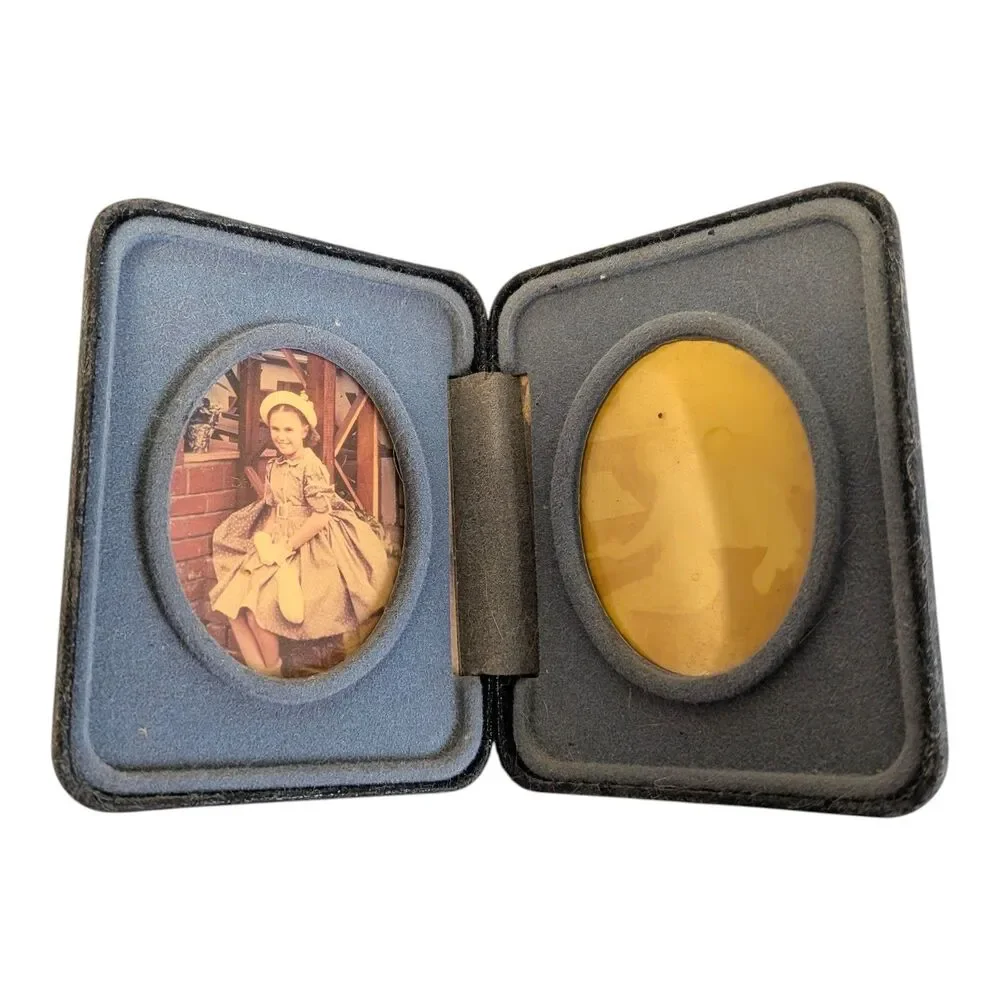 Mid Century Folding Double Picture Frame Mini Oval Photo Frame Faux Leather